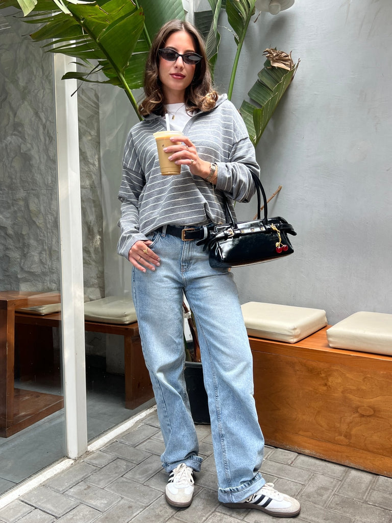 Grey Striped Relaxed Buttoned Hoodie - Mii