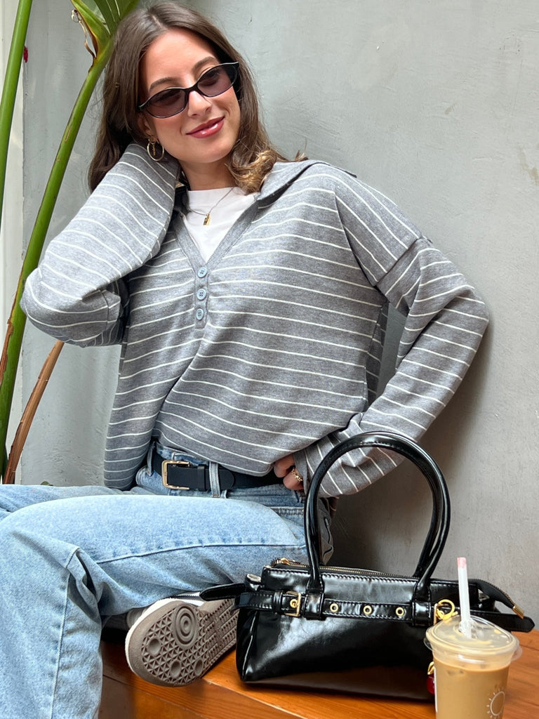 Grey Striped Relaxed Buttoned Hoodie - Mii