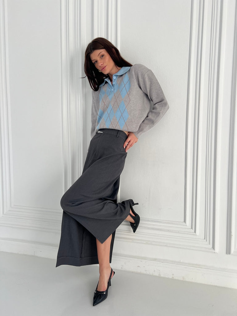 Grey X Baby Blue Argyle Polo Knit Pullover - Mii