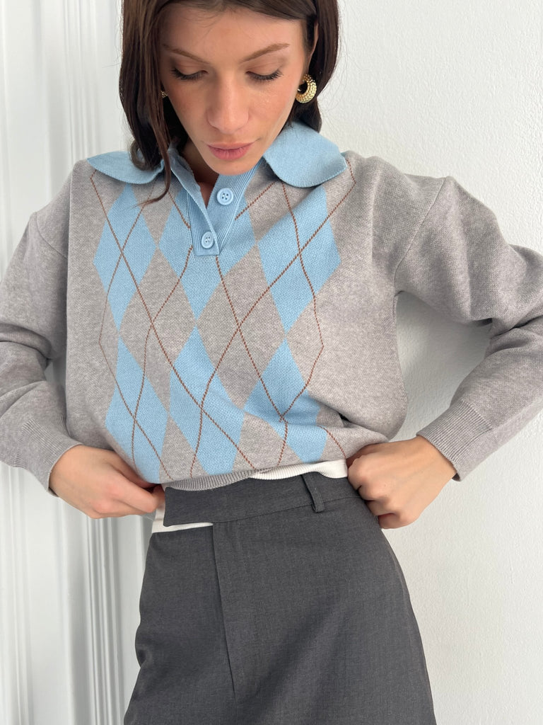 Grey X Baby Blue Argyle Polo Knit Pullover - Mii