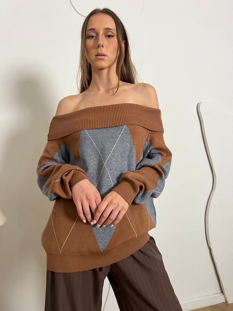 Grey X Cafe Argyle Off Shoulder Knit Pullover - Mii