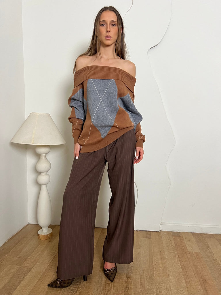 Grey X Cafe Argyle Off Shoulder Knit Pullover - Mii
