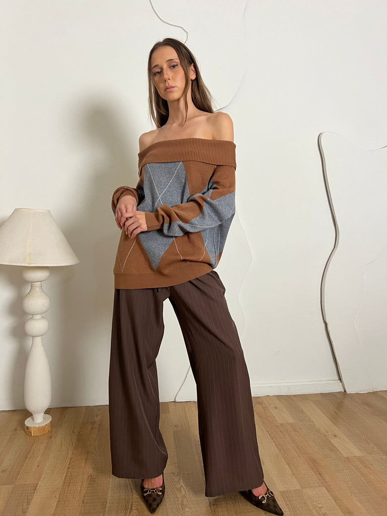 Grey X Cafe Argyle Off Shoulder Knit Pullover - Mii