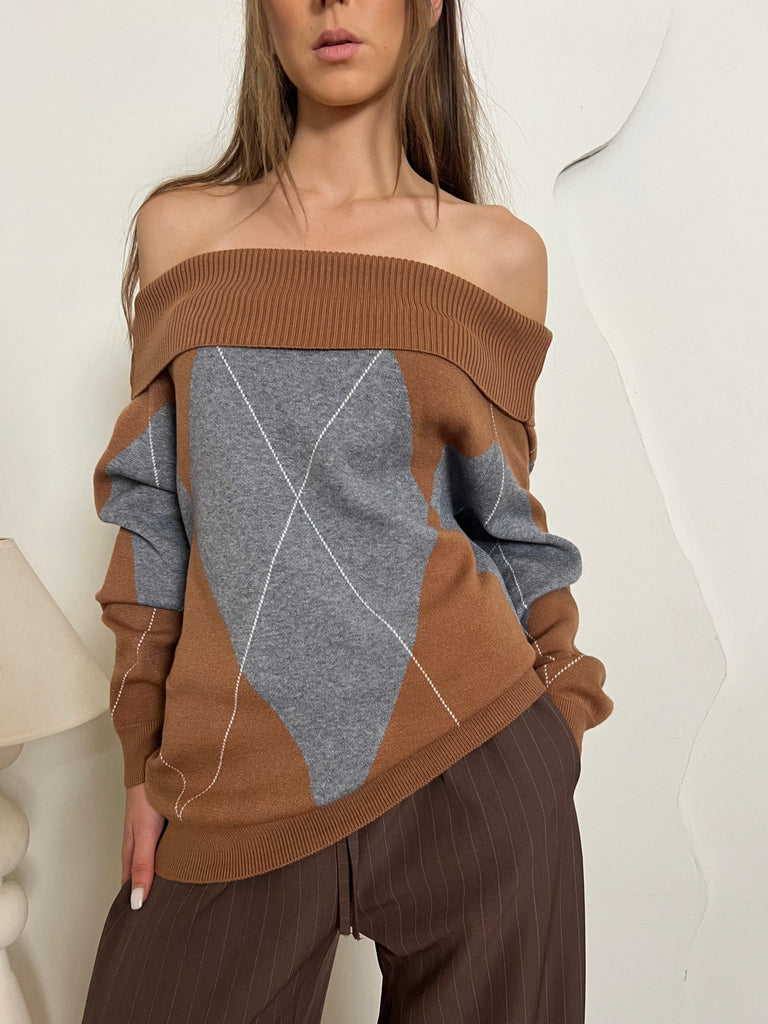 Grey X Cafe Argyle Off Shoulder Knit Pullover - Mii