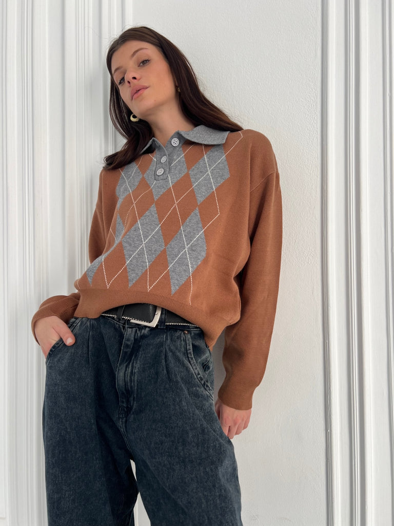 Grey X Cafe Argyle Polo Knit Pullover - Mii