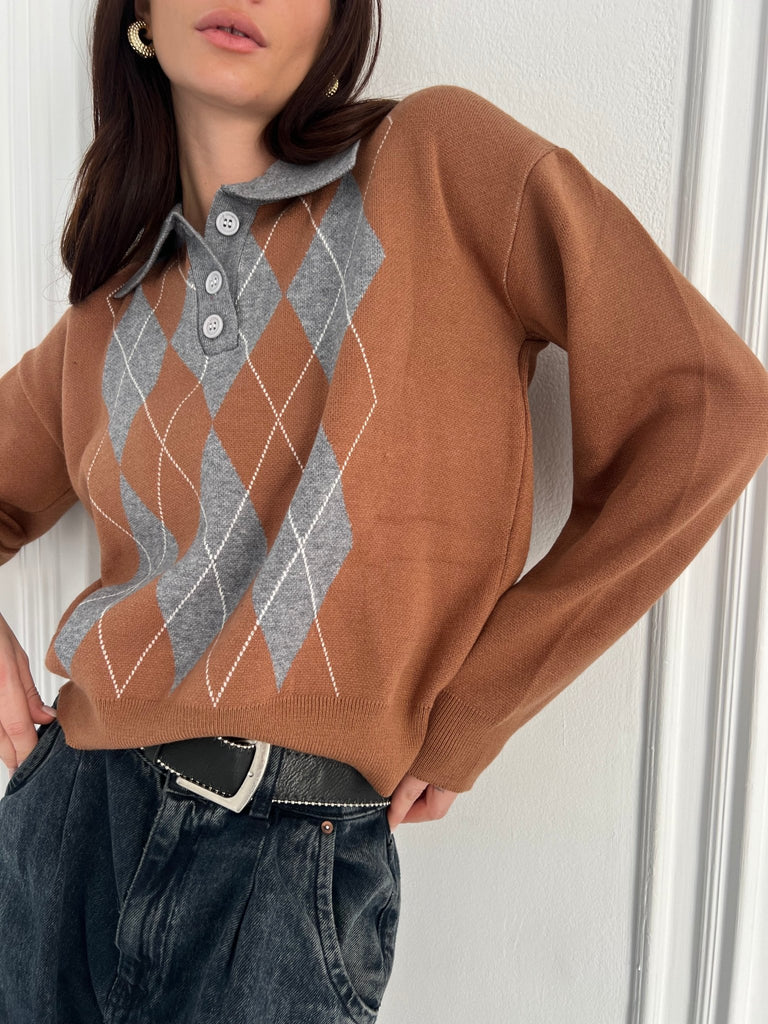 Grey X Cafe Argyle Polo Knit Pullover - Mii