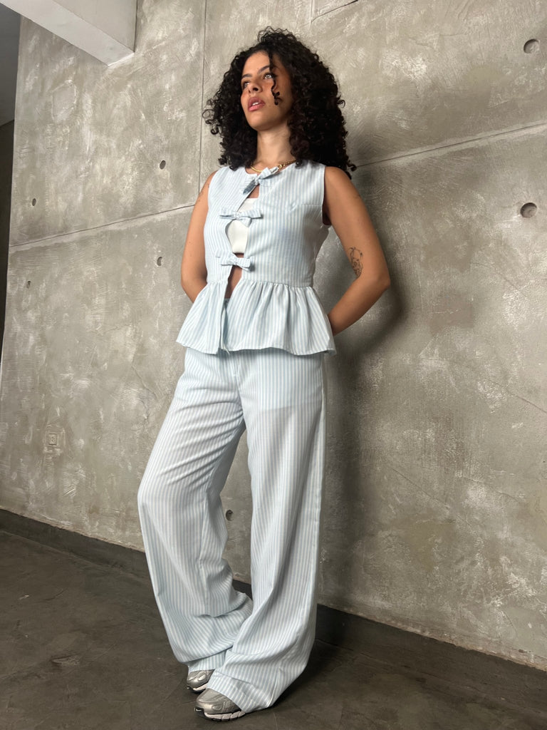 Light Blue Drawstring Waist Striped Pants - Mii