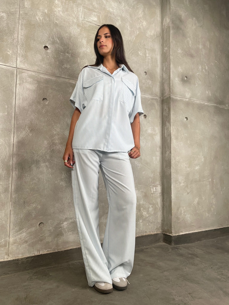 Light Blue Front Pockets Striped Shirt - Mii