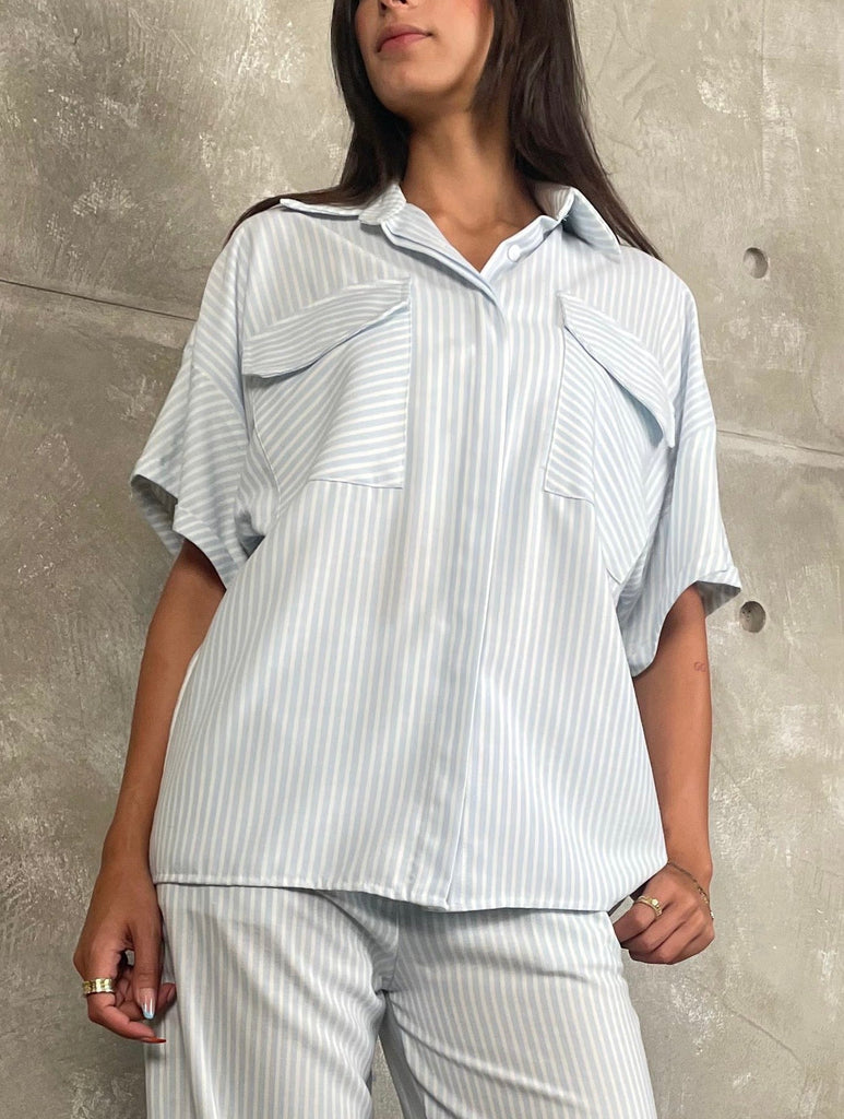 Light Blue Front Pockets Striped Shirt - Mii