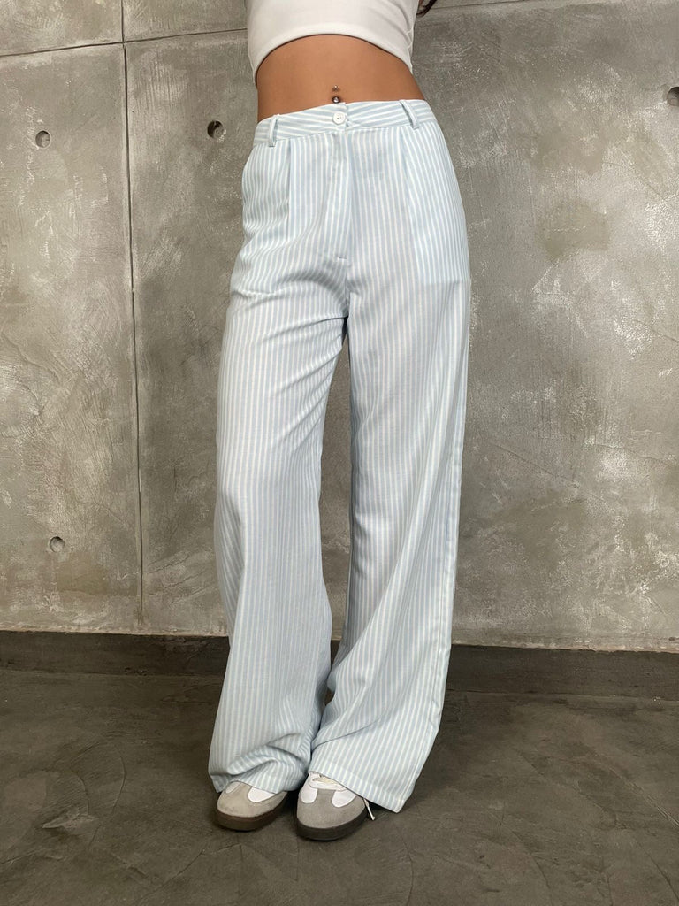 Light Blue High Waisted Striped Pants - Mii