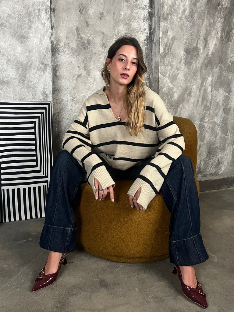 Light BrownxBlack Striped Pullover - Mii