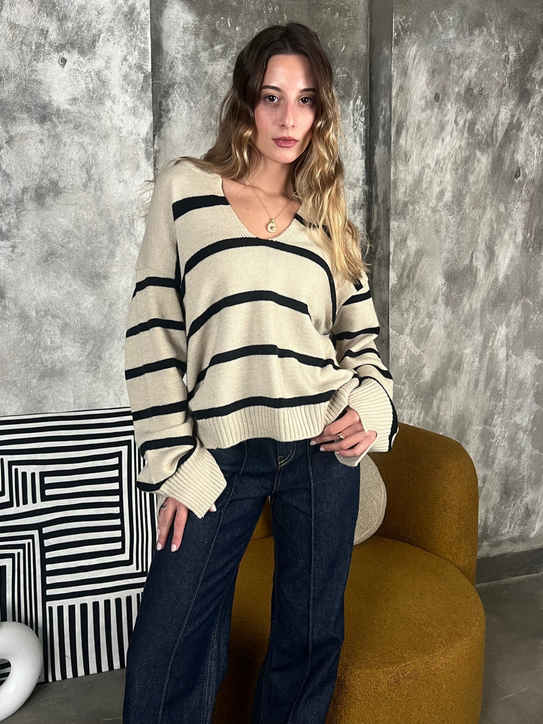Light BrownxBlack Striped Pullover - Mii