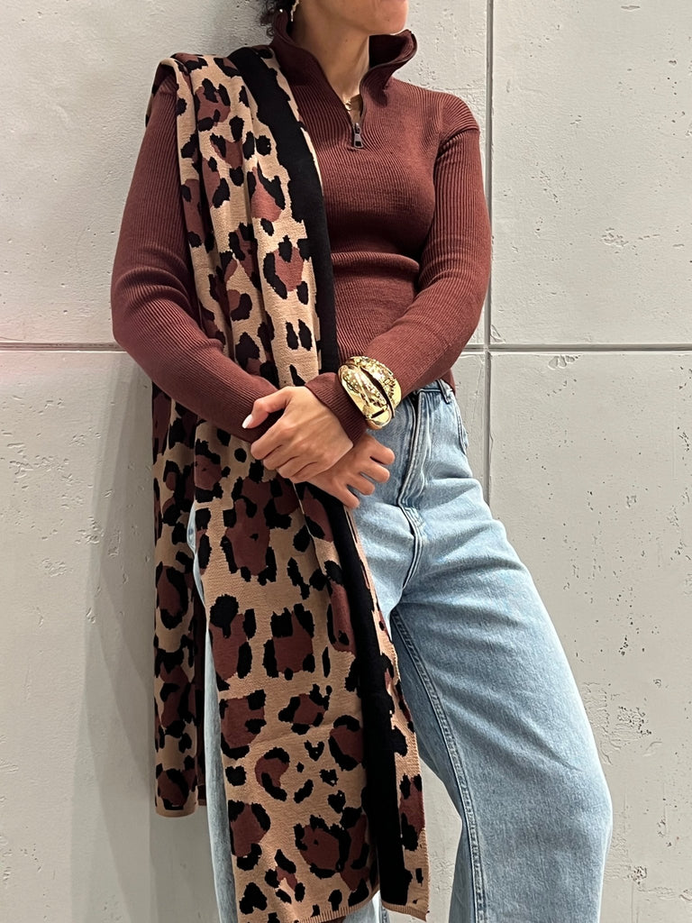 Lined Leopard Knit Scarf - Mii