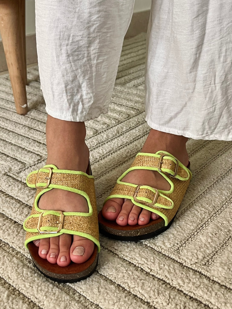 Neon Green Double Buckle Slides - Mii
