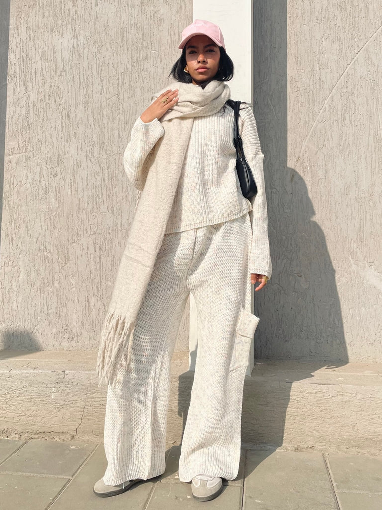 Off White Knit Tweed Threads Cargo Set - Mii