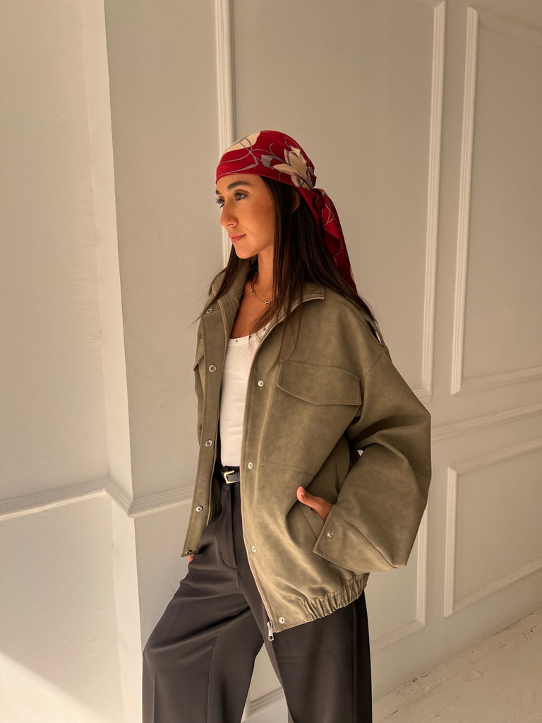 Olive Matte Leather Oversized Jacket - Mii