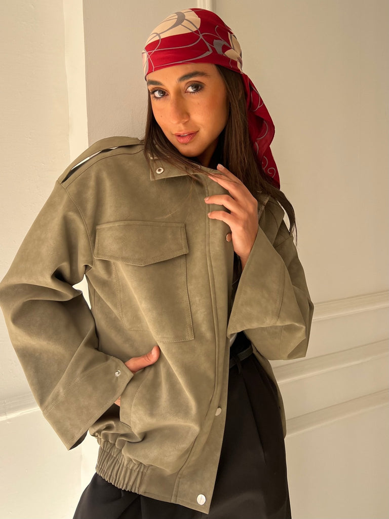 Olive Matte Leather Oversized Jacket - Mii