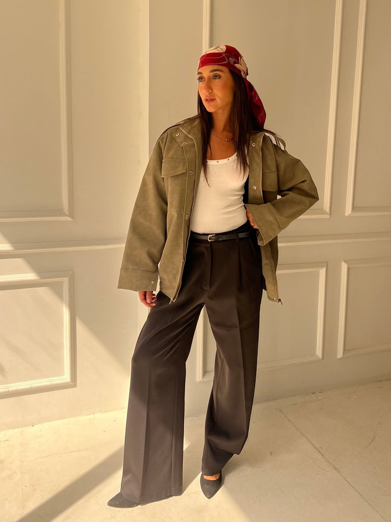 Olive Matte Leather Oversized Jacket - Mii