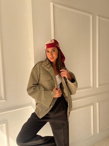 Olive Matte Leather Oversized Jacket - Mii