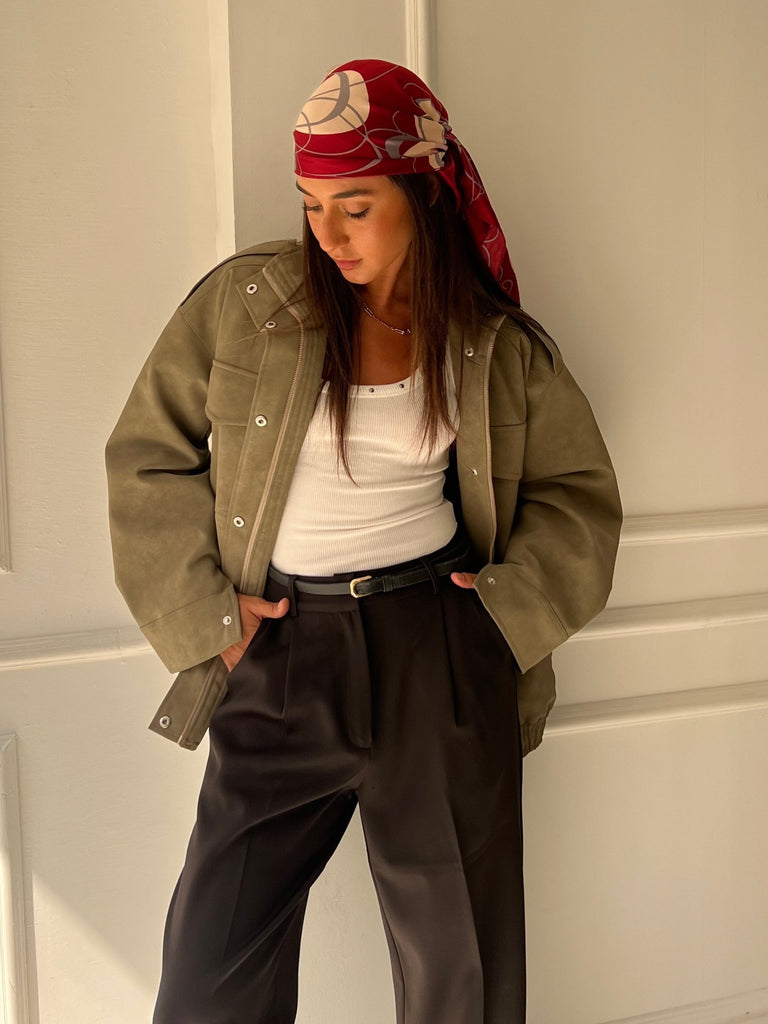 Olive Matte Leather Oversized Jacket - Mii