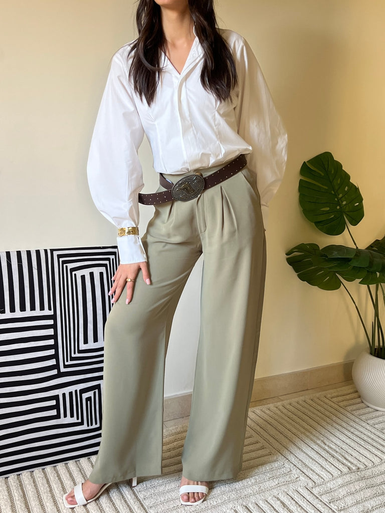 Olive Metal Button Formal Pants - Mii