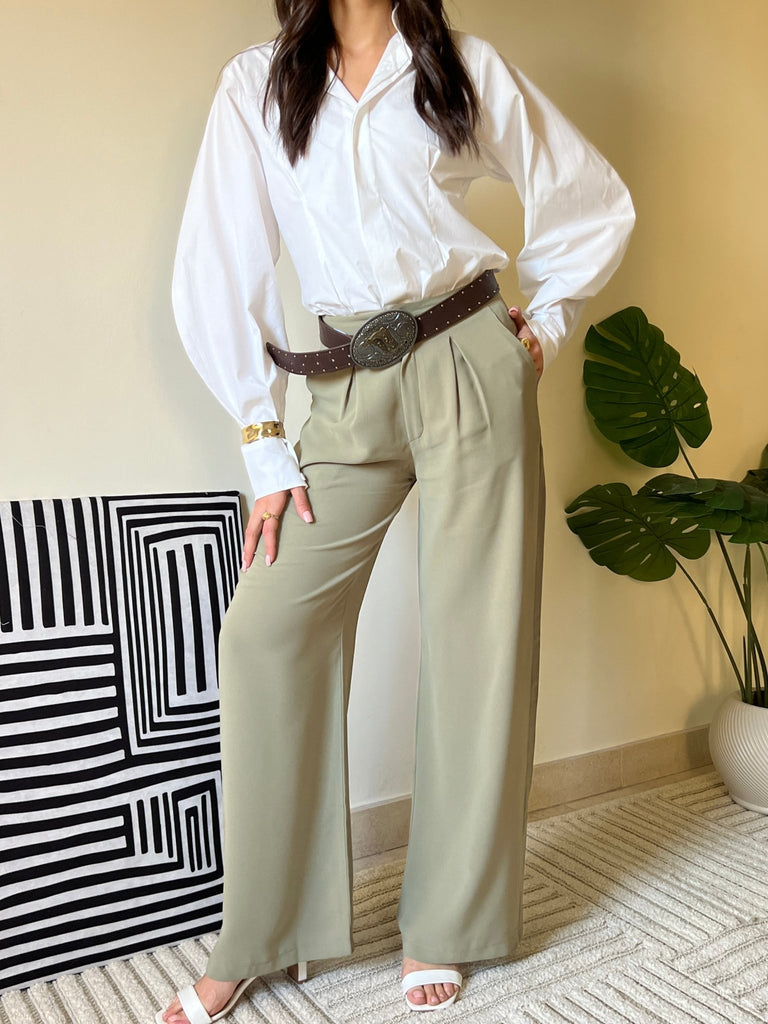 Olive Metal Button Formal Pants - Mii