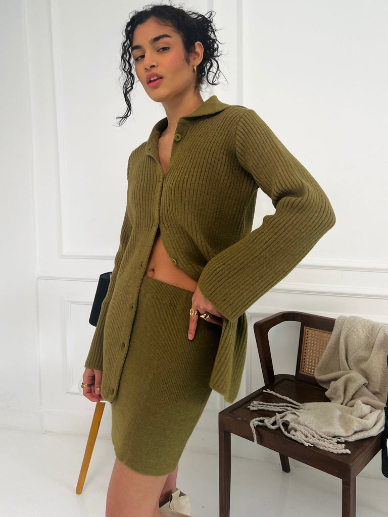 Olive Mini Skirt Cardigan Set - Mii