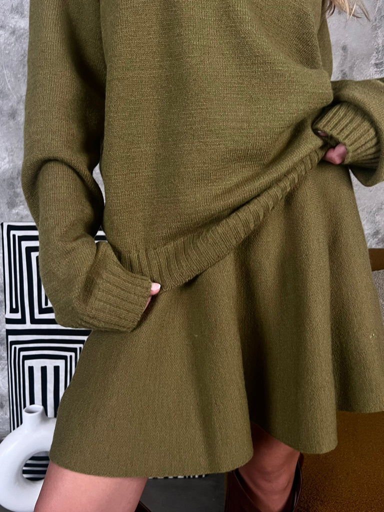 Olive Off Shoulder Knit Skirt Set - Mii