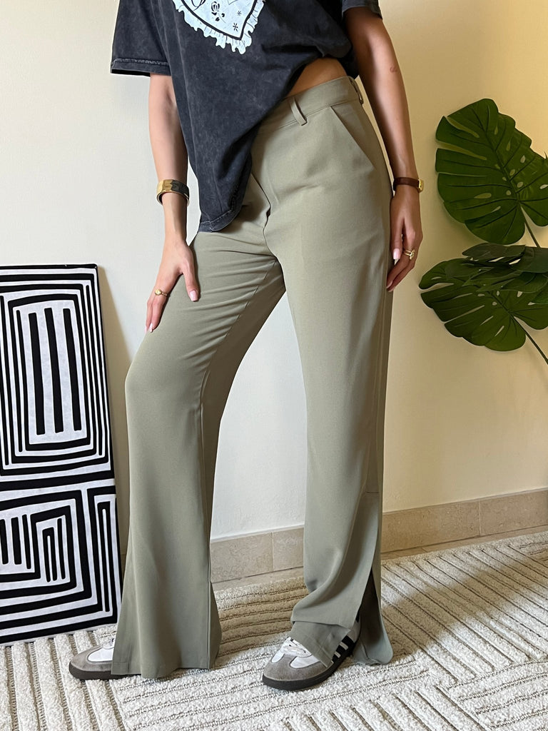 Olive Side Slit Formal Pants - Mii