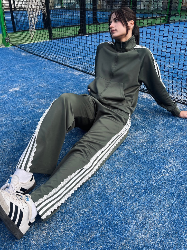 Olive Striped Lace Drawstring Sweatpants - Mii