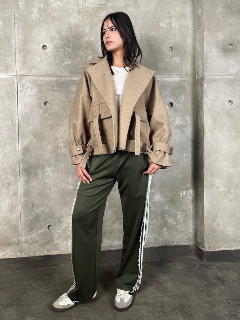 Olive Striped Lace Drawstring Sweatpants - Mii