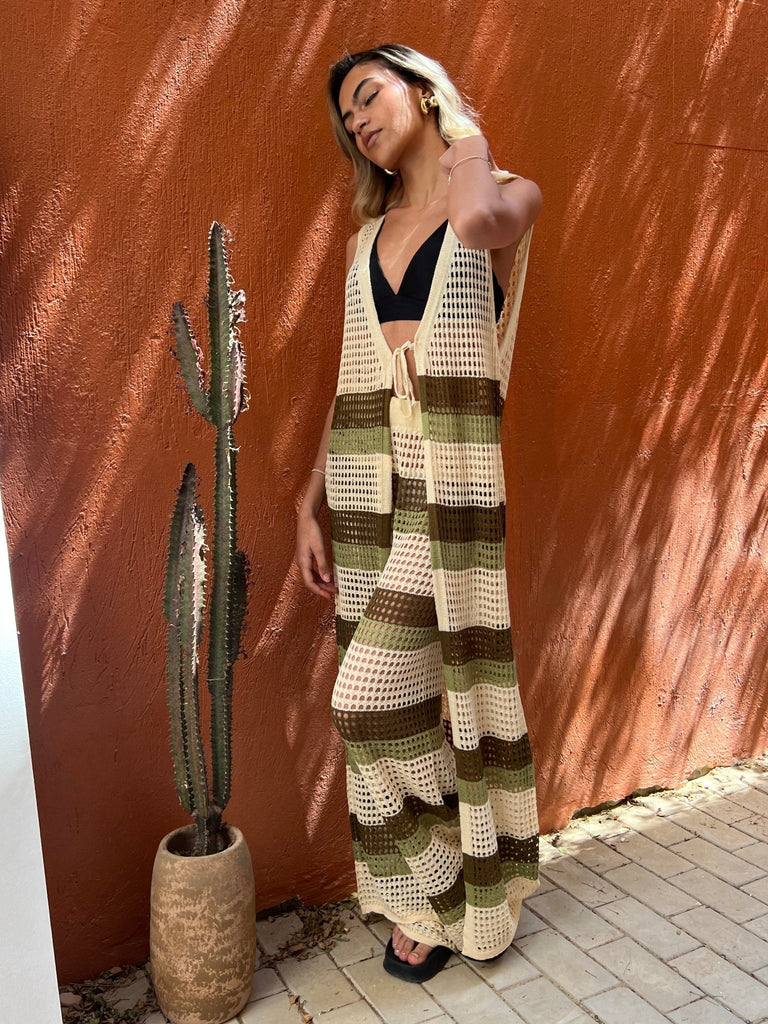 OliveXBeige Hollow Out Long Cardigan Set - Mii