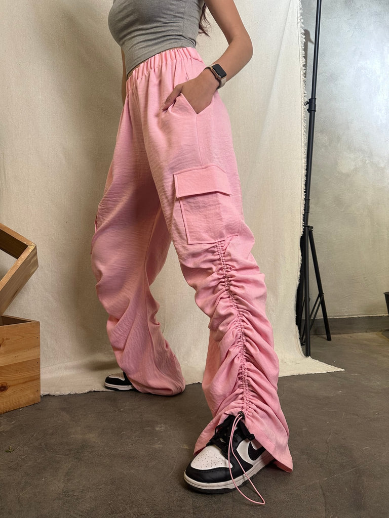 Pink Flap Pocket Side Drawstring Waist Parachute Pants - Mii