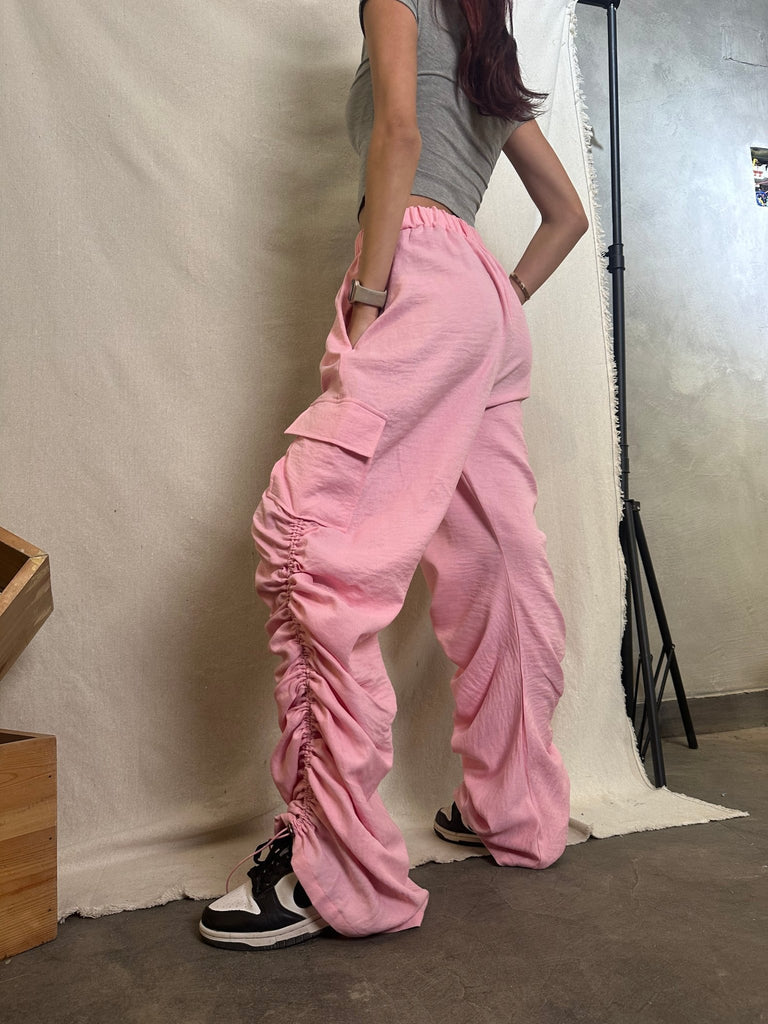 Pink Flap Pocket Side Drawstring Waist Parachute Pants - Mii