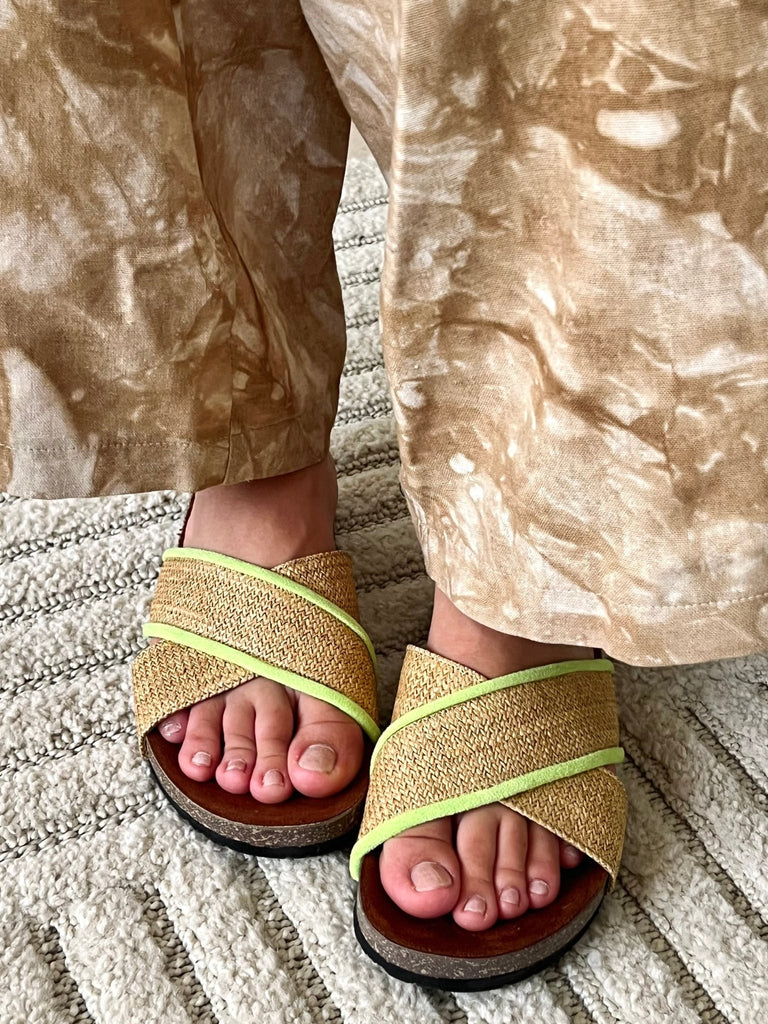 Raffia X Neon Green Criss - Cross Slides - Mii