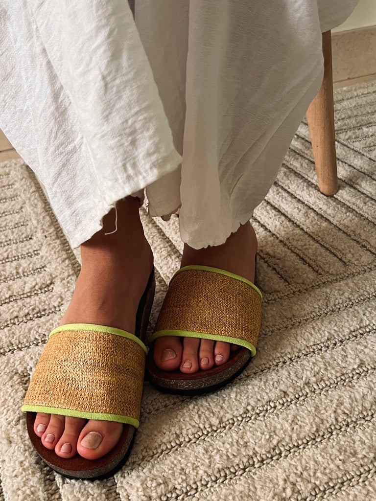 Raffia X Neon Green Slides - Mii