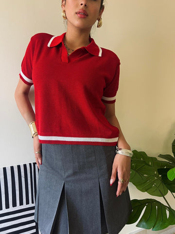 Red Half Sleeve Off White lined Knit T-Shirt - Mii