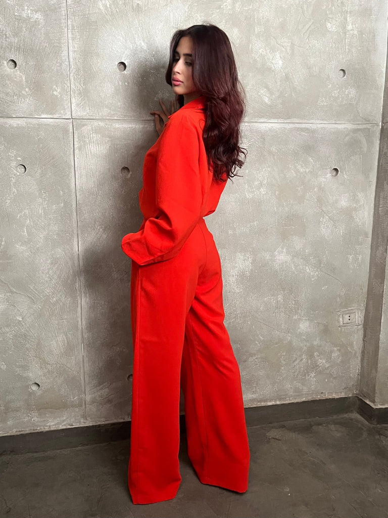 Red High Waisted Plicated Detail Wide Leg Suit Pants - Mii