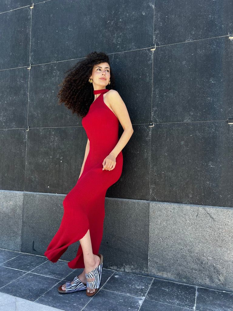 Red Long Backless Scarf Dress - Mii