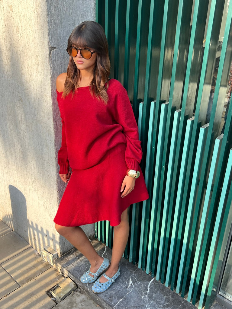 Red Off Shoulder Knit Skirt Set - Mii