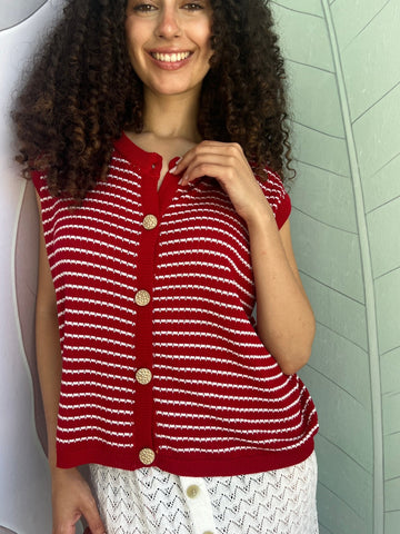 Red Stripes Sleeveless Golden Button Vest - Mii