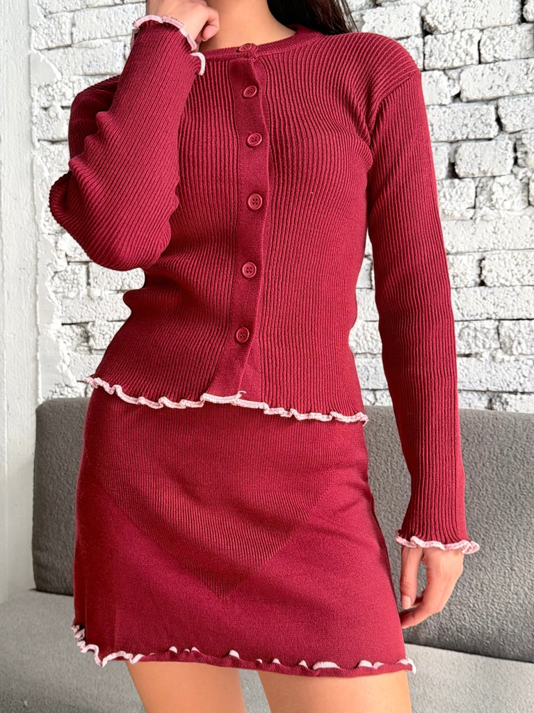 Red X Pink Gathered Knit Skirt Set - Mii