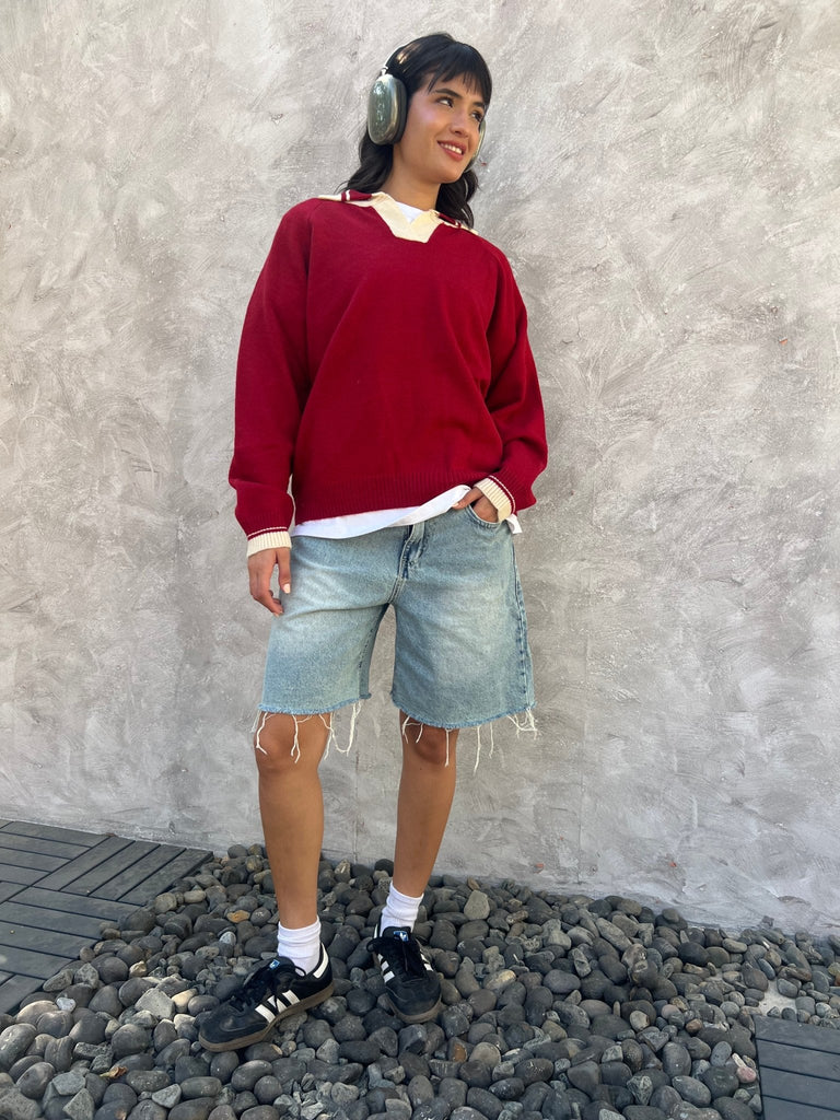 Red X White Polo Knit Pullover - Mii