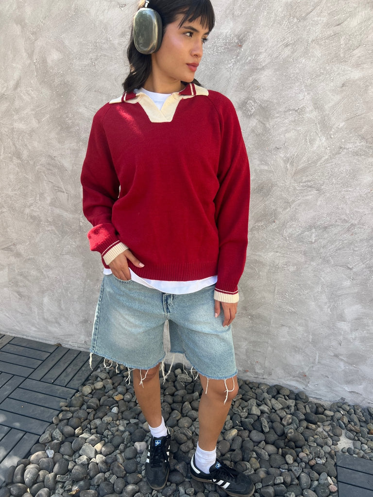 Red X White Polo Knit Pullover - Mii