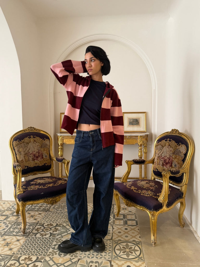 RoseXBurgundy Striped Hoddie Sweater - Mii
