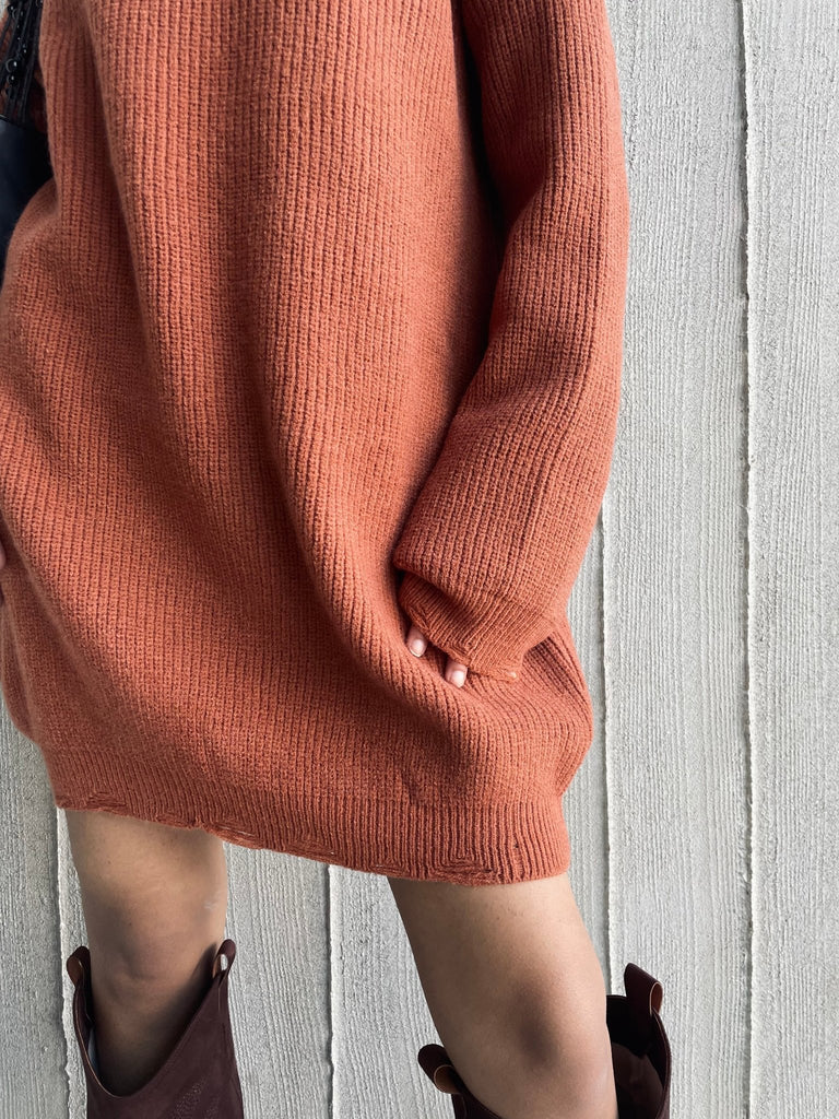 Rust Frenchy Ripped Knit Sweater Dress - Mii