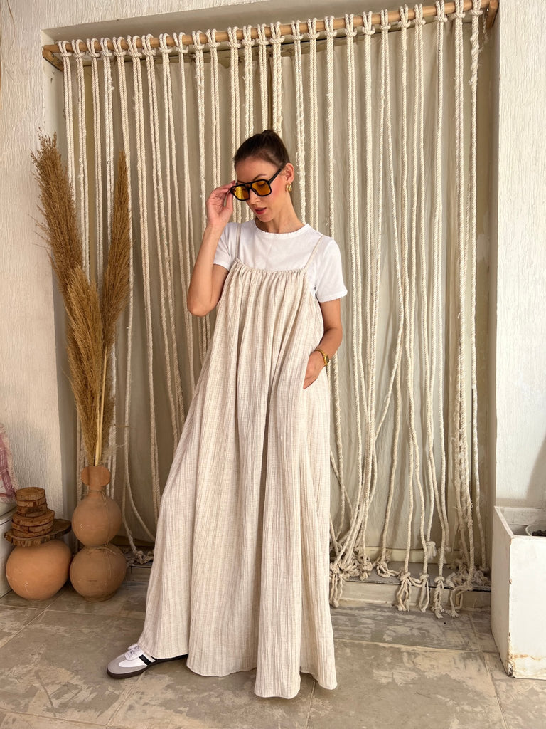 Soft Beige Long Linen Beach Dress - Mii