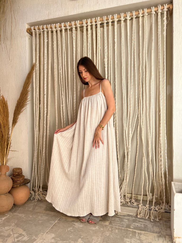 Soft Beige Long Linen Beach Dress - Mii
