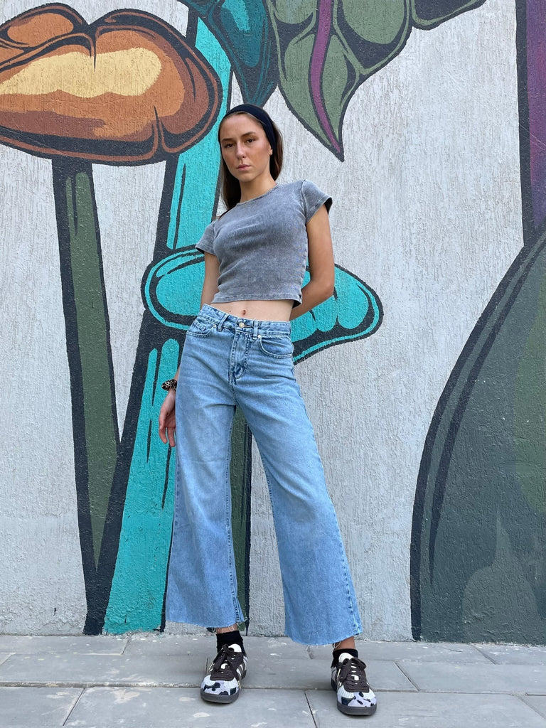 Washed Grey Half Sleeve Ribbed Top - Mii