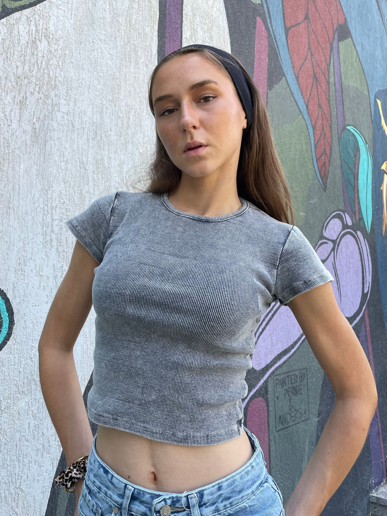 Washed Grey Half Sleeve Ribbed Top - Mii